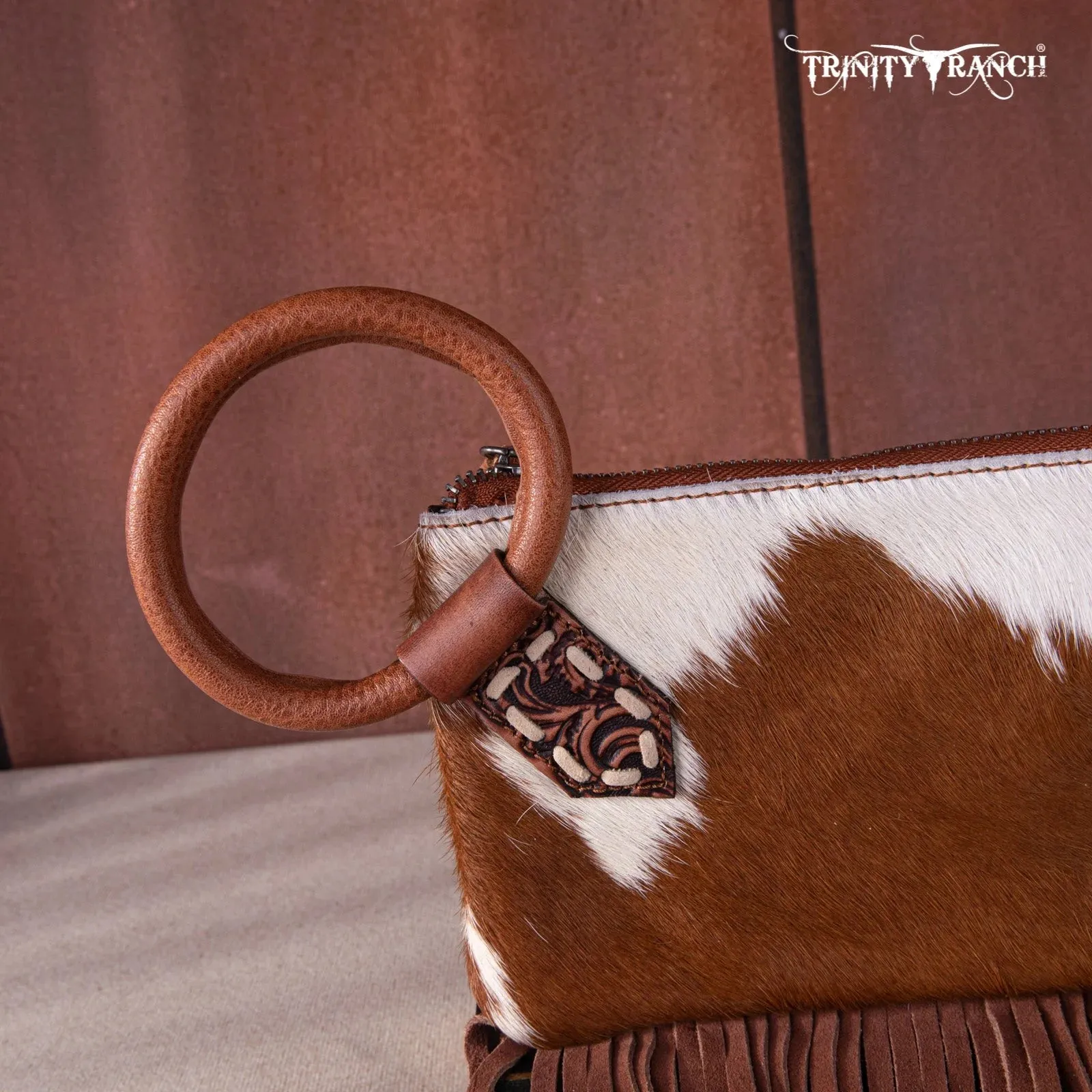 Brown Genuine Hair-On Cowhide Ring Handle Clutch Bag - TR167-A181BR