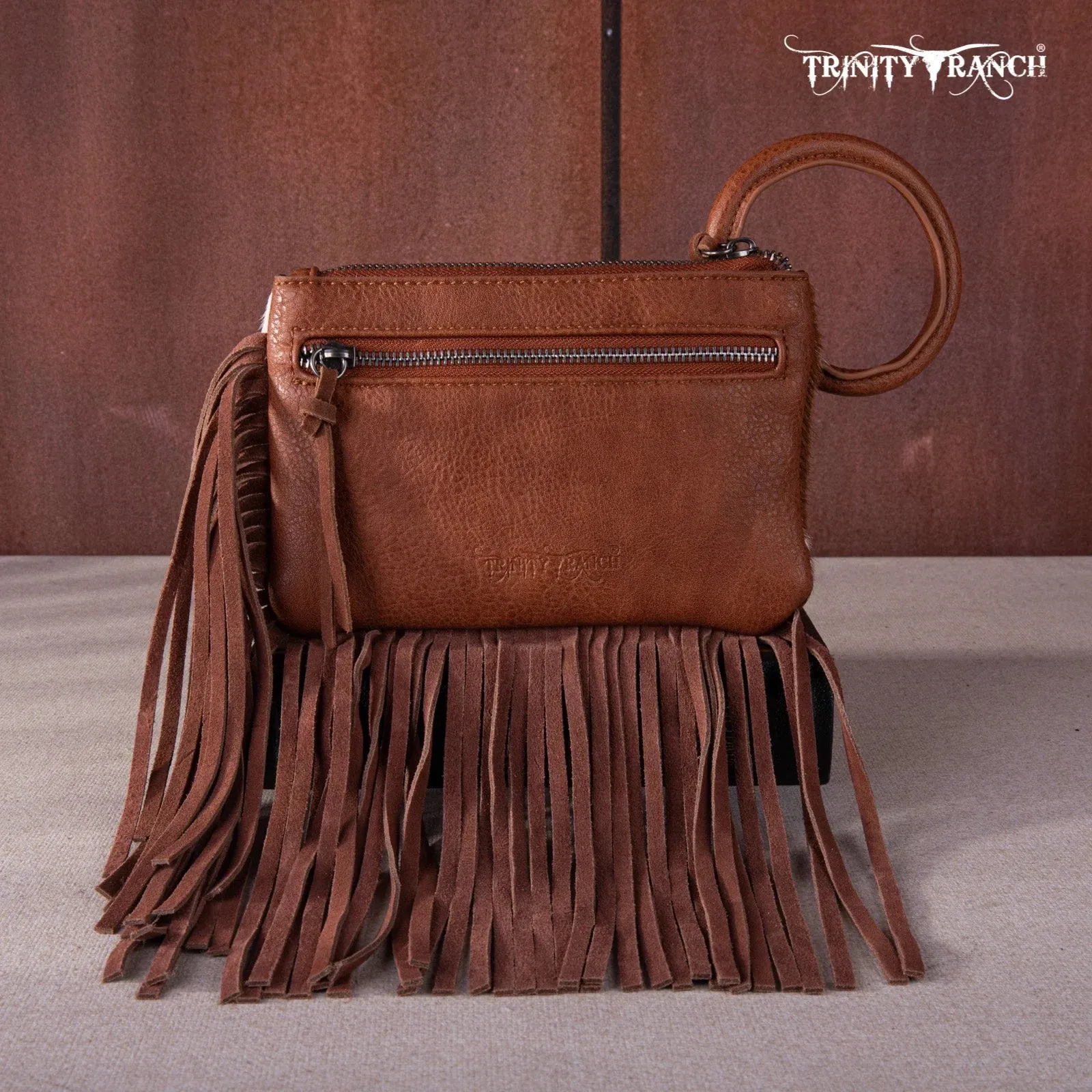 Brown Genuine Hair-On Cowhide Ring Handle Clutch Bag - TR167-A181BR