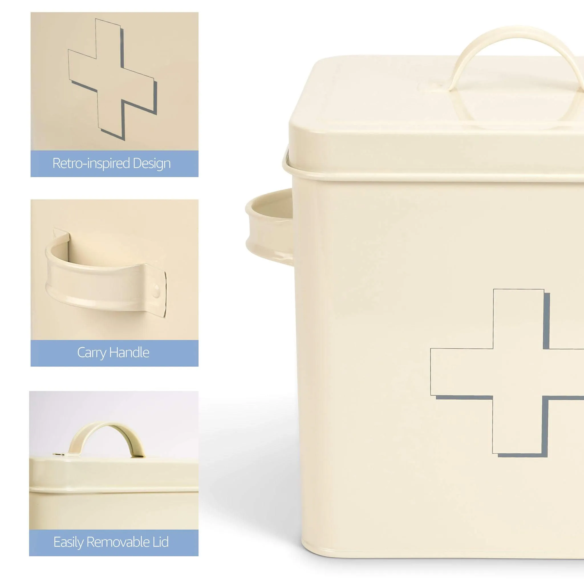 Retro First Aid Box Storage Container Enamelled Tin Grey or Cream