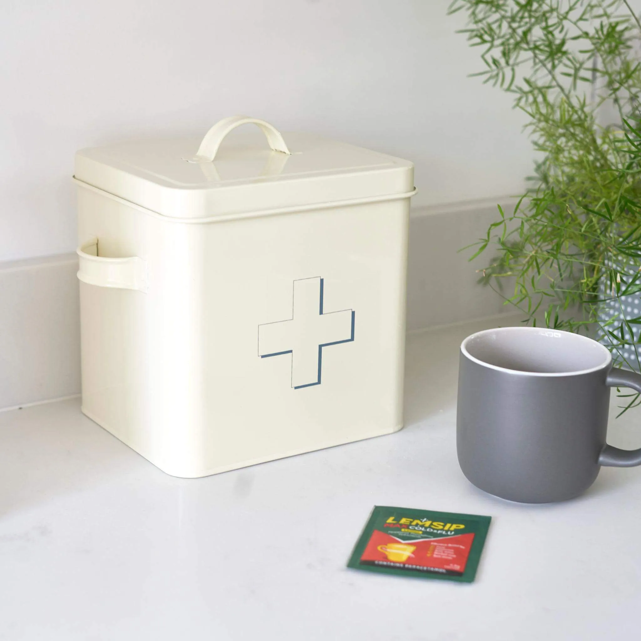Retro First Aid Box Storage Container Enamelled Tin Grey or Cream