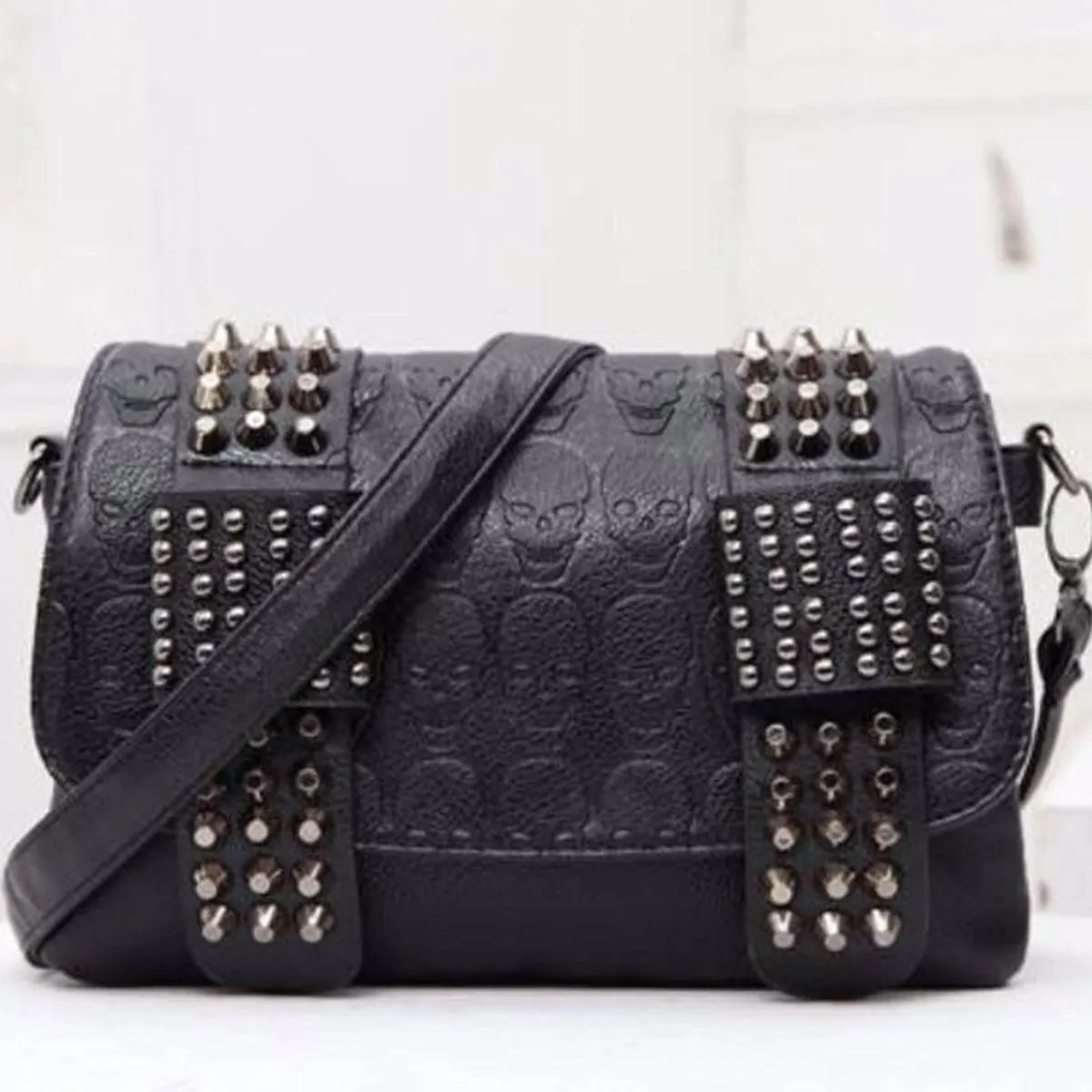 Vintage Skull Studded Rivet Shoulder Bag w/ Free Skull Wallet, Eco-Leather, Black