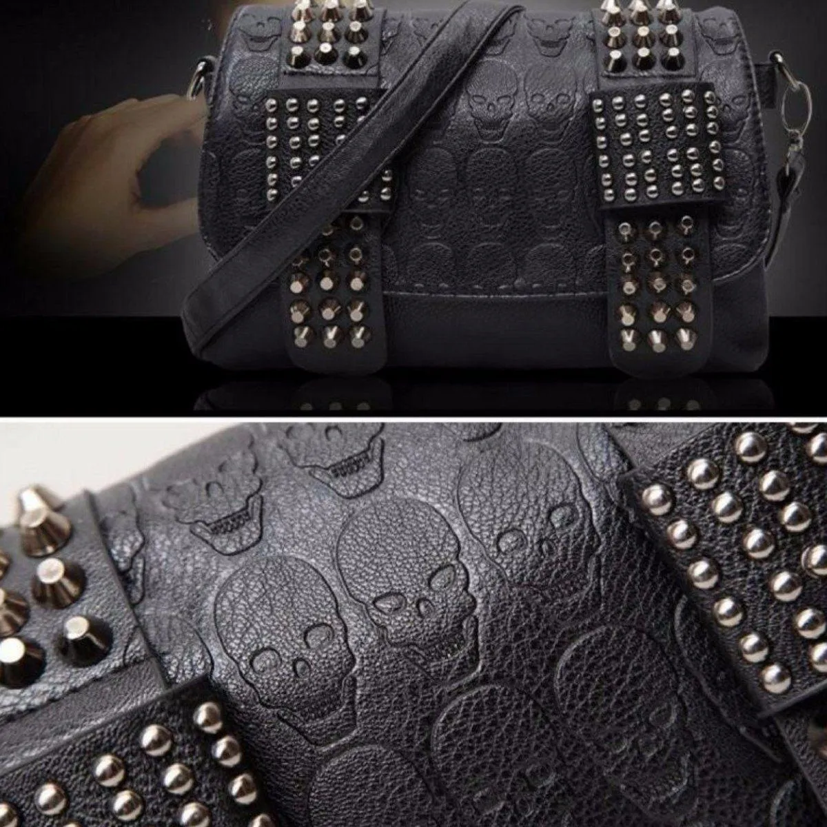 Vintage Skull Studded Rivet Shoulder Bag w/ Free Skull Wallet, Eco-Leather, Black