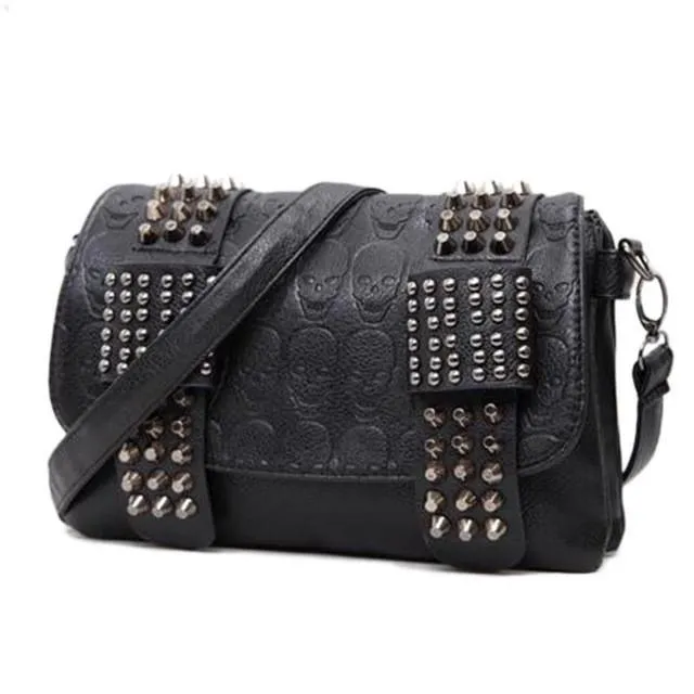 Vintage Skull Studded Rivet Shoulder Bag w/ Free Skull Wallet, Eco-Leather, Black