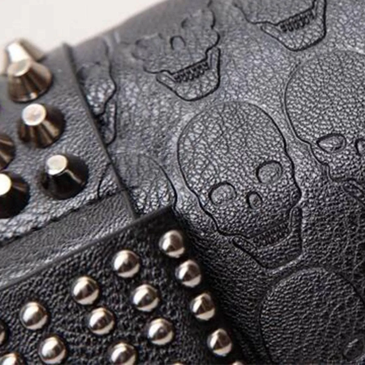 Vintage Skull Studded Rivet Shoulder Bag w/ Free Skull Wallet, Eco-Leather, Black