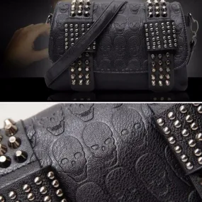 Vintage Skull Studded Rivet Shoulder Bag w/ Free Skull Wallet, Eco-Leather, Black