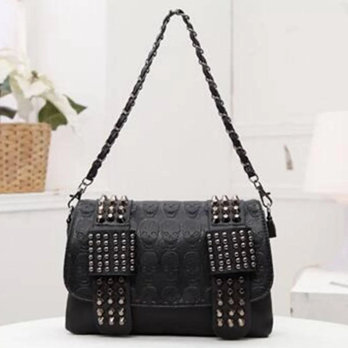 Vintage Skull Studded Rivet Shoulder Bag w/ Free Skull Wallet, Eco-Leather, Black